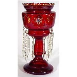 Victorian hand enamelled  floral red glass lustre with clear cut glass drops, 36cm high…