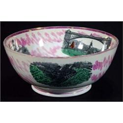 Early Victorian Masonic Sunderland lustre bowl with hand coloured and transfer printed panels of …