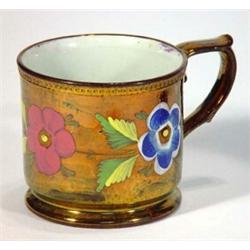 Victorian copper lustre mug, hand painted with a band of flowers, 9cm high…