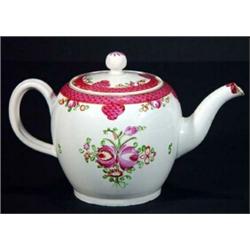 Late 18th century Pearlware teapot, hand enamelled with pink and red flowers, 16cm high…