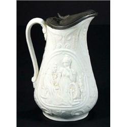 Victorian white glazed jug, pewter lidded jug, relief moulded with panels of women around a spinn…