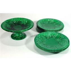 Victorian Majolica green leaf and berry patterned seven piece  set, comprised tazza and six plate…