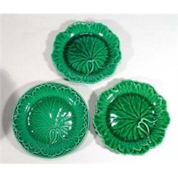 Three green glazed Wedgwood Majolica leaf plates, marks to back, 20cm diameter…