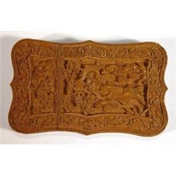 Shaped wooden oriental card case, carved with trees and people…