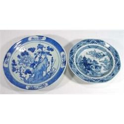 Octagonal hand painted Chinese soup plate decorated with chinoiserie sceneand as hand painted blu…