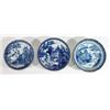 Image 1 : Three Chinese blue and white saucers decorated with chinoiserie scenes, largest 14cm diameter…