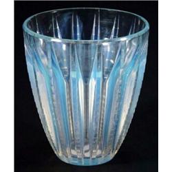 Lalique Art Deco opalescent glass vase moulded with vertical veins, etched marks to base,16cms hi…