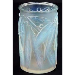 Lalique cylindrical opalescent glass vase' Laurier', moulded with leaves and berries, etched mark…