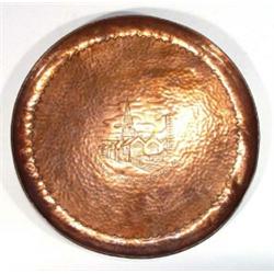 Circular hammered copper Newlyn tray decorated with Parish Church, Barnstaple, marks to base, 32c…