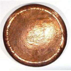 Circular hammered copper Newlyn tray decorated with Parish Church, Barnstaple, marks to base, 32c…