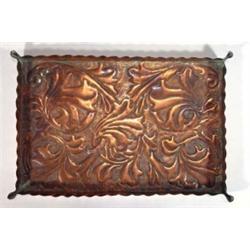 Rectangular copper tray with fluted edge, decorated with stylised leaves, 28cm in length…