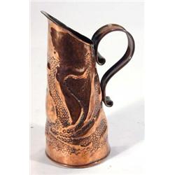 Copper Arts and Crafts style jug with scrolled handle and stylised bud design, 23cm high…