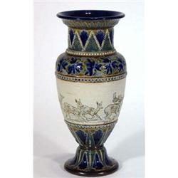 Doulton Lambeth stoneware vase by Hannah Barlow decorated with a panel of charging stag,  impress…