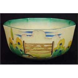 Hand painted Clarice Cliff gate and floral landscape design octagonal bowl, marks to base, 23cm d…