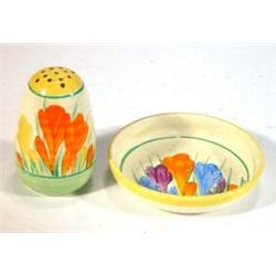 Hand painted Clarice Cliff Bizarre 'Crocus' patterned dish and pepperpot, marks to base…