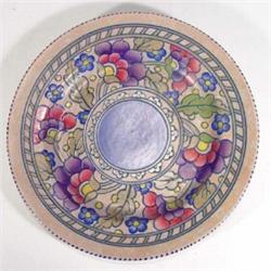 Charlotte Rhead tubelined design Crown Ducal charger, hand painted with blue and purple flowers a…