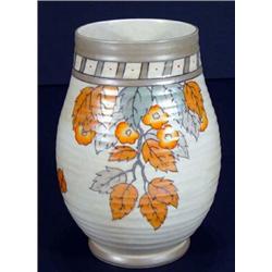 Crown Ducal tubelined Charlotte Rhead designed leaf patterned vase, painted in oranges and browns…