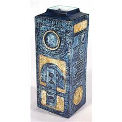 Large Troika square vase, decorated with incised abstract pattern in blues and oranges, 30cm high…