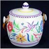 Image 1 : Hand painted Poole pottery floral patterned biscuit barrel and cover, with wicker handle, 12cm hi…