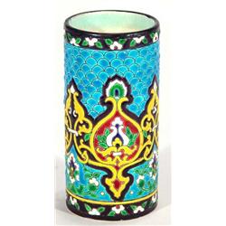 Longwy style cylindrical vase, hand enamelled with stylised panels of flowers, 15cm high, marks t…