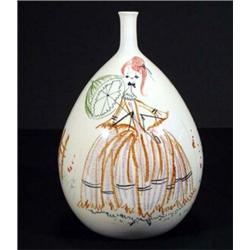 Italian pottery slender necked vase, decorated in crayons with stylised figures, marks to base, 3…