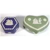 Image 1 : Blue Wedgwood Jasperware hexagonal box and cover and a green Jasperware heart shaped box and cove…