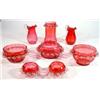 Image 1 : Selection of eight pieces of Cranberry glass, comprising two jugs, pair of floral salts, a frille…