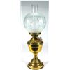 Image 1 : Brass oil lamp with floral etched glass globular shade and flute, 55cm high…