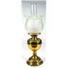 Image 1 : Glass oil lamp with frosted floral moulded shade and flute, 54cm high…
