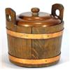Image 1 : Copper bound and lidded oak ice bucket, 23cm high…