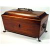 Image 1 : Inlaid rosewood casket shaped tea caddy with brass swing handle and lion paw feet , interior miss…
