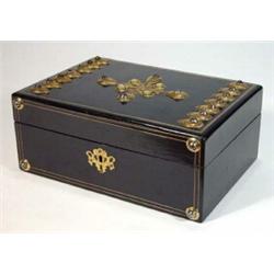 Ebonized wooden jewellery box with greek key design brass mounts and mteal studs, 25cm long…