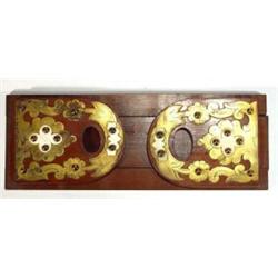 Wooden floral brass and mahogany book rack, 50cm in length…