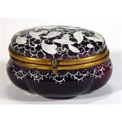 Purple glass and gilt metal box with hinged lid, hand enamelled with white leaves, 8cm in length…