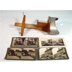 Early wooden and tin plate stereoscope and selection of cards with eagle crest design, 27cm long…