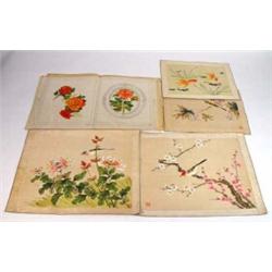 Selection of roses onto silk and Japanese silk paintings of fish, flowers, etc…