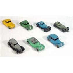 Selection of seven Dinky Toys cars, Lincoln Zephyr, Triumph, Sports Coupe, Armstrong Siddeley Con…