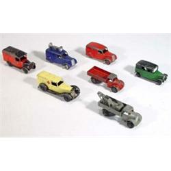 Selection of seven Dinky Toys vans including ambulance, Royal Mail van, loudspeaker van, green ta…