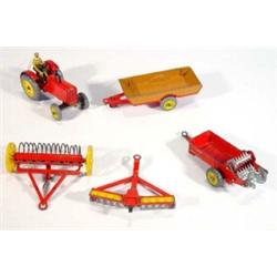 Dinky Toys Massey Harris red tractor, manure spreader, hay rake, disk harrow and Halesowen harves…