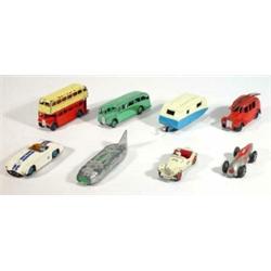 Dinky Toys 190 caravan, fire engine, double decker bus, single decker streamline coach, Cunningha…