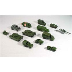 Selection of 14 Dinky Toys military vehicles including armoured command vehicle, Centurion tank, …