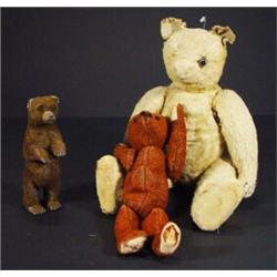 Paper mache and felt standing brown bear, early jointed straw filled teddy bear and one other…