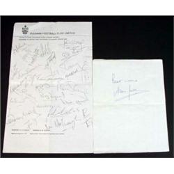 Fulham Football Club autographed facsimile team sheet and an autograph of the Manager Alan Muller…