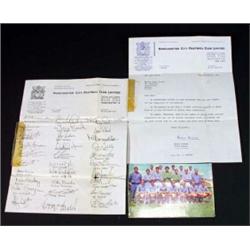 Manchester Football Club autographed facsimile team sheet, covering letter and a postcard of the …