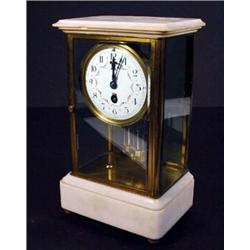 White marble and brass four glass mantelclock with floral enamel dial and mercury pendulum…