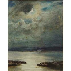 Framed watercolour of a moonlit bay, James T. Watts, Medici Society Limited paper label to back, …