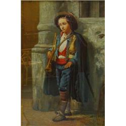 Large gilt framed oil onto canvas of a Continental boy wearing sandals with his horn begging, J. …