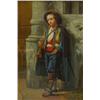 Image 1 : Large gilt framed oil onto canvas of a Continental boy wearing sandals with his horn begging, J. …