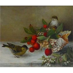 Gilt framed well detailed oil painting of birds, berries and shells, H.O. Connor, 25cm x 20cm…