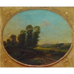 Oval framed oil onto canvas of a young lady hearding a cow beside mountains, Vallee & Montagnes, …